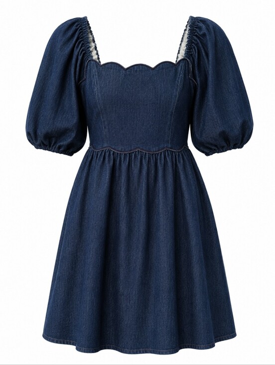 entro Dresses & Skirts - Entro Denim Babydoll Mini Dress M Blue Scalloped Neck Puff Bubble Sleeve Pockets